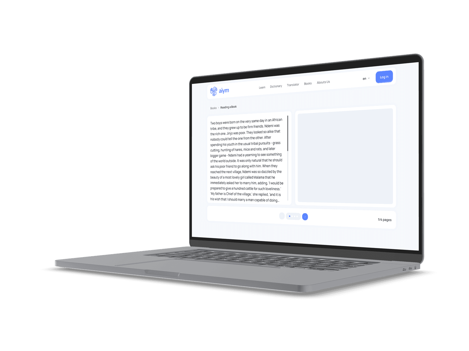 Laptop showing the AI-Ym accessible book-reading interface